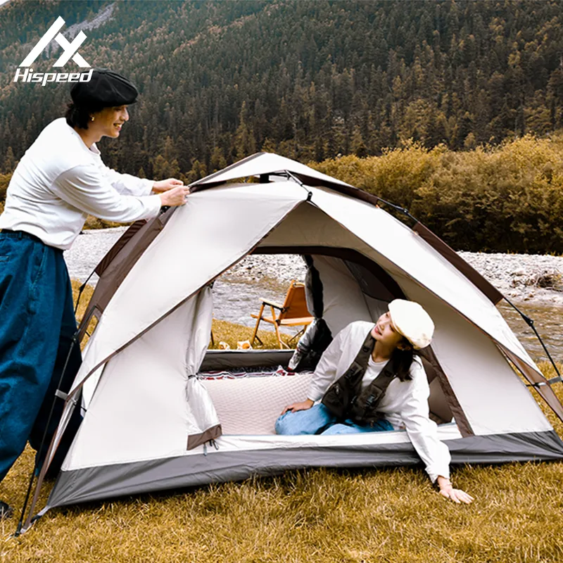 3-4 Person Automatic Dome Tent being set up at a riverside campsite