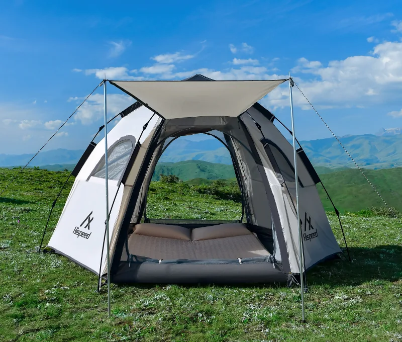 Inside the 4-6 Person Double-Layer Hexagon Tent looking out the mesh windows
