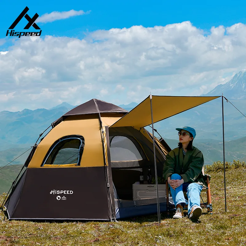 4-6 Person Heavy-Duty Hexagon Tent set up at an alpine campsite